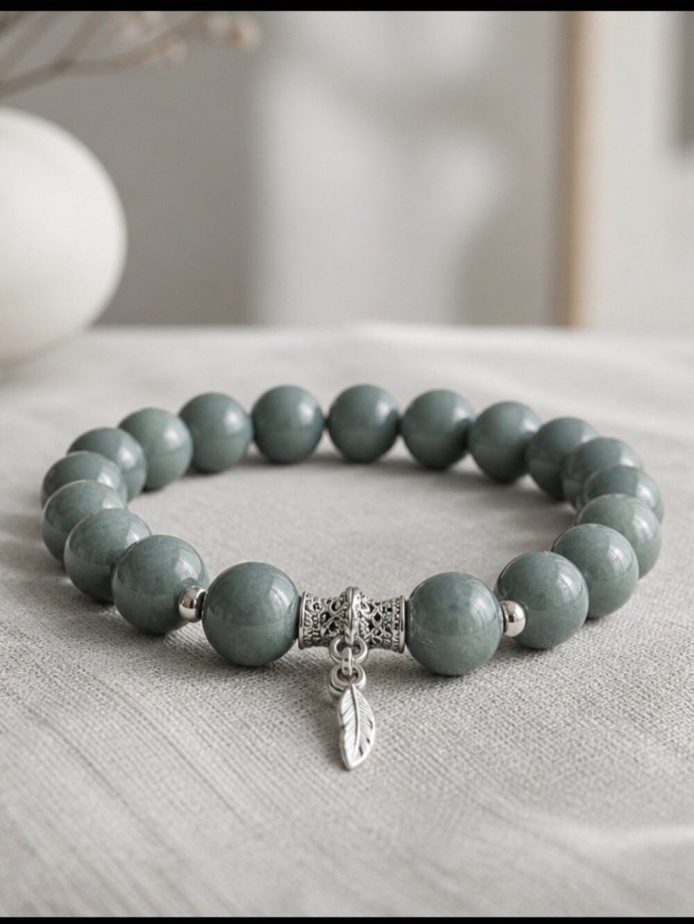 Smoky Grey-Green Jadeite & Silver Feather Charm Stretch Bracelet 10mm